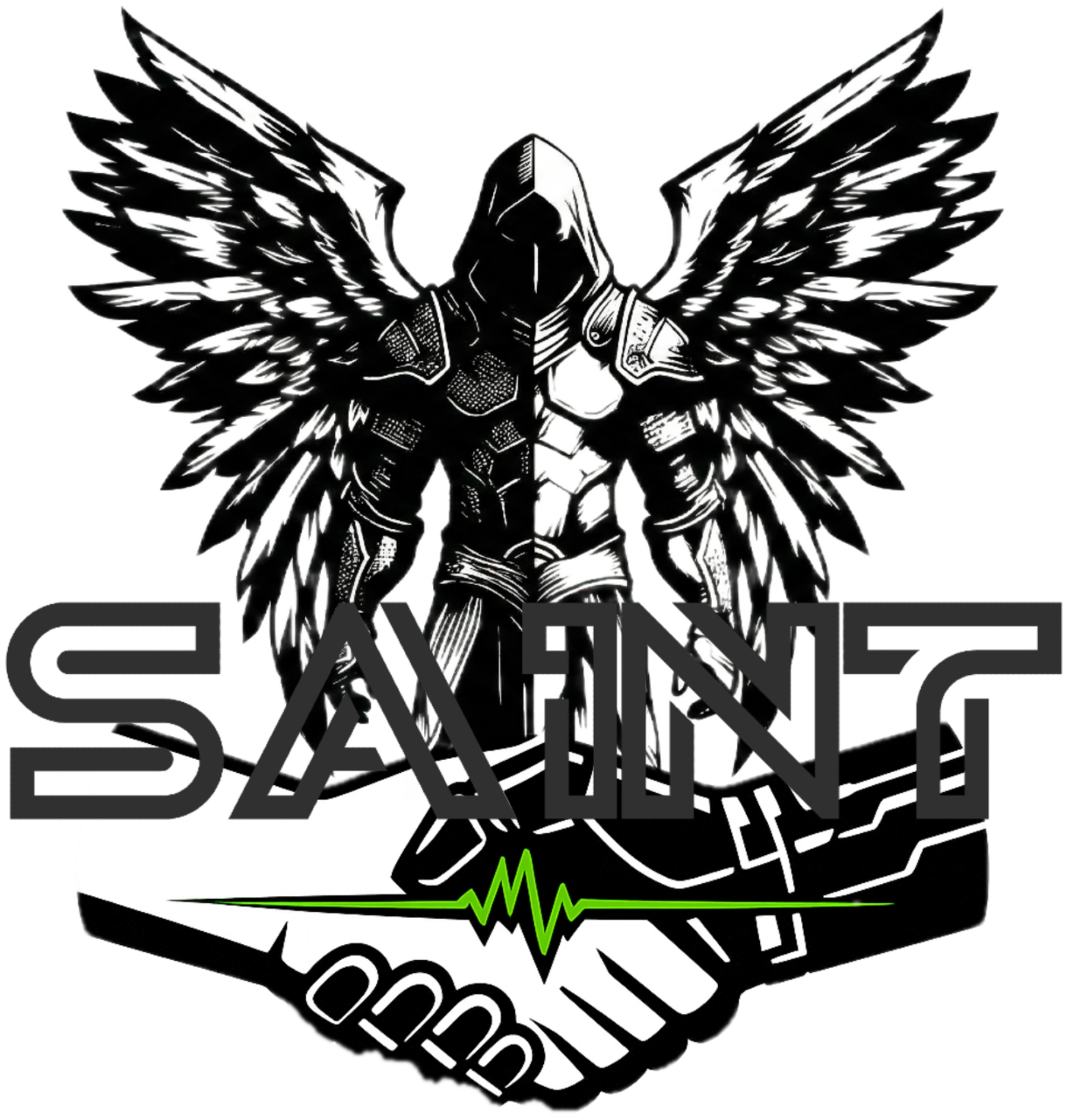 SAINT signature logo: winged guardian, handshake, and green pulse